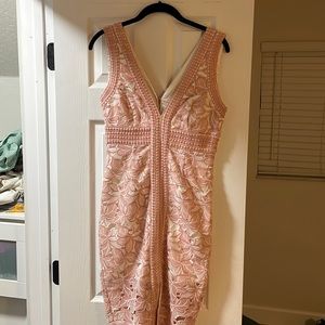 Bardot pink and white lace midi